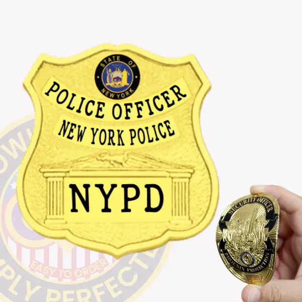 Custom shield flex badge for the NYPD police officer, featuring a vibrant gold finish. The badge is shaped like a classic shield, with "POLICE OFFICER" prominently displayed at the top in bold black text. Below, "NEW YORK POLICE" arches gracefully, and the abbreviation "NYPD" is featured prominently at the center. The badge includes a Velcro attachment for secure and versatile wear.