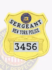 Elegant gold custom shield metal badge for the NYPD sergeant, enhanced by silver panels. The title "SERGEANT" is showcased prominently at the top in bright blue, with "NEW YORK POLICE" displayed gracefully below. The badge number "3456" is clearly printed at the bottom, along with a decorative illustration. This badge includes a safety pin attachment for convenient display.