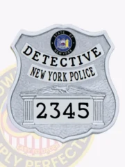 Lively custom shield metal badge for the NYPD detective, featuring a striking silver finish. The text "DETECTIVE" is boldly displayed at the top in black, while "NEW YORK POLICE" curves elegantly below. The badge number "2345" stands out prominently at the bottom, secured with a reliable safety pin attachment for easy wear.