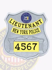 NYPD lieutenant custom shield badge designed in polished silver with elegant gold accents. The text "LIEUTENANT" stands out prominently at the top in yellow, with "NEW YORK POLICE" elegantly displayed beneath. The badge number "4567" is featured at the bottom in bold black, complemented by a decorative illustration. A practical safety pin attachment allows for easy and secure fastening.