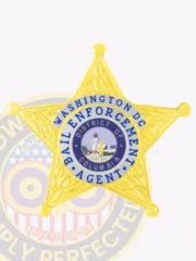 Bail enforcement agent badge made of gold metal in the form of a five-point star, featuring embossed details, a silver circular emblem with the District of Columbia seal, and blue lettering reading "Washington DC Bail Enforcement Agent," attached via safety pin.