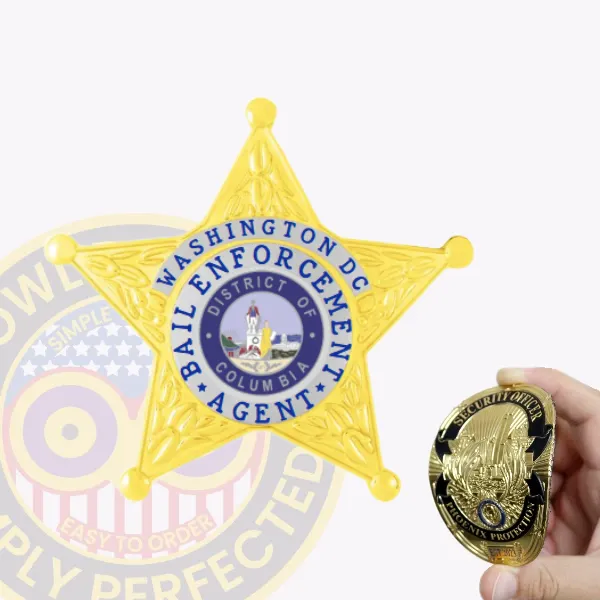 Custom gold 5 point star flex badge with silver panels for bail enforcement agents, featuring an ornate gold star with silver circular center displaying the District of Columbia seal, blue text reading "Washington DC" and "Bail Enforcement Agent," designed with Velcro attachment.