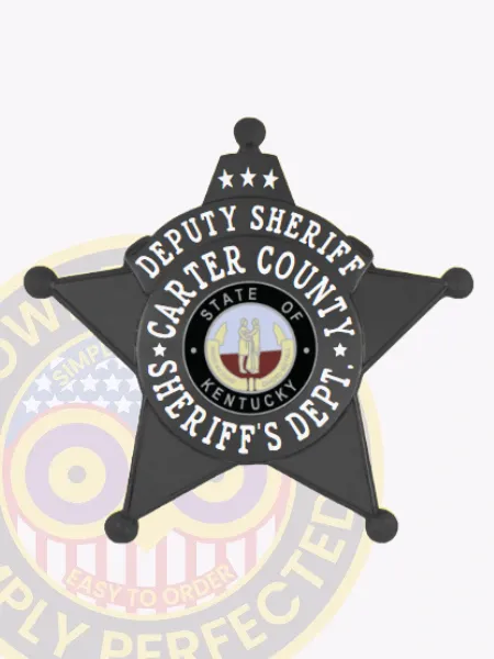 This custom metal badge for deputy sheriffs gleams in black and features a striking star shape. The top inscription reads "DEPUTY SHERIFF," while the center holds a circular emblem stating “STATE OF KENTUCKY” and "CARTER COUNTY SHERIFF'S DEPT." The badge is complemented by decorative stars and includes a safety pin attachment for secure placement.