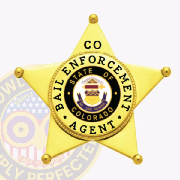 Gold five-point star metal badge designed for bail enforcement agents, showcasing the Colorado state seal in a black and gold circle at the center, surrounded by "Bail Enforcement Agent" text in black, with "CO" on the top point, secured by a safety pin backing.