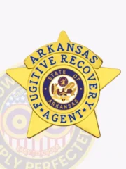 Gold metal 5-point star badge customized for Arkansas fugitive recovery agents, featuring blue lettering encircling the purple and gold Arkansas state seal, designed with a safety pin backing for secure fastening.