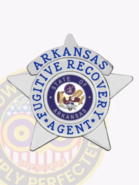 Custom silver 5-point star metal badge for fugitive recovery agents in Arkansas, featuring blue text "ARKANSAS FUGITIVE RECOVERY AGENT" encircling the detailed purple and gold Arkansas state seal, with a polished silver finish and a safety pin attachment.