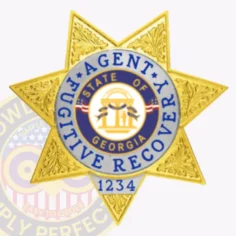 Elegant gold seven-point star metal badge with silver engraved patterns, showcasing a circular blue and white emblem that states "agent fugitive recovery" along with the georgia state seal, plus the identification number 1234, equipped with a safety pin for fugitive recovery agents in georgia.