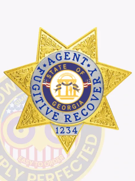 Detailed gold 7 point star badge with silver filigree embossed designs on each point, featuring a central ring reading "State of Georgia Fugitive Recovery Agent," surrounding the state seal, and including the number 1234 at the bottom, crafted as a custom metal badge with safety pin attachment for fugitive recovery agents in Georgia.