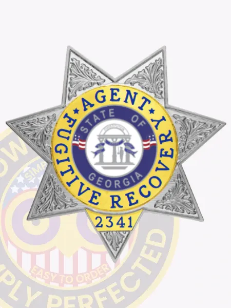 Custom silver metal 7 point star badge accented with gold highlights, containing a central round seal marked "Agent Fugitive Recovery" around the official Georgia state symbol, and the numeric ID 2341 below, finished with a safety pin attachment for fugitive recovery agents in Georgia.