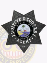 Black 7-point star metal badge designed for Florida fugitive recovery agents, displaying "FUGITIVE RECOVERY AGENT" in white around the central Florida state emblem, detailed with ornate black engraving and finished with a safety pin fastener.