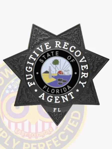 Black 7-point star metal badge designed for Florida fugitive recovery agents, displaying "FUGITIVE RECOVERY AGENT" in white around the central Florida state emblem, detailed with ornate black engraving and finished with a safety pin fastener.
