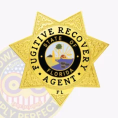 Gold 7 point metal badge for fugitive recovery agents in florida with safety pin attachment showcasing detailed engraved patterns on each star point, a prominent center circle with the colorful florida state seal including a palm tree and steamboat, surrounded by black uppercase text stating fugitive recovery agent, and the letters fl positioned below the seal on the lower star point