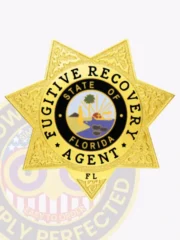 Custom gold 7 point metal badge for fugitive recovery agents in Florida with safety pin attachment featuring an intricate embossed star design and a central circular emblem displaying the Florida state seal with a palm tree, sun, water, and a steamboat, encircled by bold black text reading FUGITIVE RECOVERY AGENT, and FL engraved at the bottom point