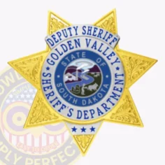 This custom metal badge features a striking gold 7-point star designed for deputy sheriffs, accented with elegant silver panels. The badge prominently displays "deputy sheriff" at the top, while "golden valley sheriff's department" encircles a central emblem representing the state of south dakota. A safety pin attachment ensures secure and practical wearing.