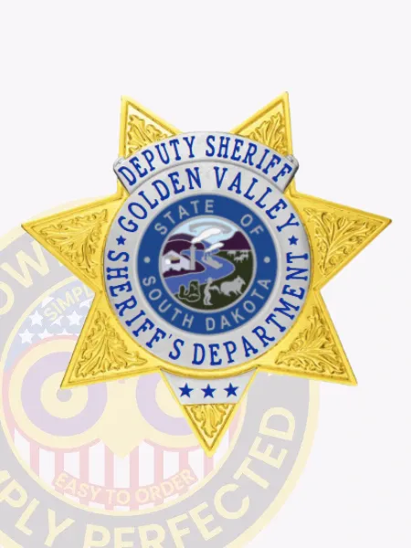 This custom metal badge features a sophisticated gold 7-point star adorned with silver panels, specifically designed for deputy sheriffs. The badge prominently displays "DEPUTY SHERIFF" above, with "GOLDEN VALLEY SHERIFF'S DEPARTMENT" circling a central emblem of South Dakota. A safety pin attachment ensures practicality and convenience in wearing.
