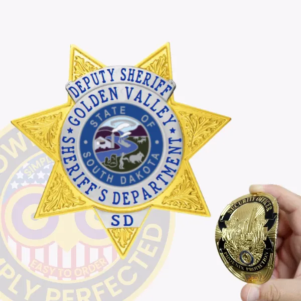 Showcasing a vibrant gold custom flex badge with a prominent 7-point star, this design incorporates silver panels for added contrast. The badge reads "GOLDEN VALLEY SHERIFF'S DEPARTMENT" around a circular emblem depicting the state of South Dakota. Velcro attachment provides convenience for easy wear.