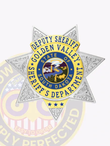 A custom metal badge for deputy sheriffs, this design showcases a stunning silver 7-point star with gold panels. The inscription "GOLDEN VALLEY SHERIFF'S DEPARTMENT" encircles the central emblem, while "DEPUTY SHERIFF" is displayed at the top. A safety pin attachment allows for easy and secure fastening.