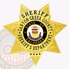 A polished custom 7 point star metal badge for sheriff departments, radiating in gold. The badge prominently displays "sheriff" at the top, with "canyon creek county" encircling a circular emblem featuring the state's seal. Designed with a safety pin attachment, it ensures easy and reliable fastening to uniforms.
