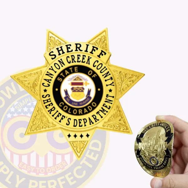 A vibrant custom 7 point star flex badge for sheriff departments, featuring an intricate gold design. The badge prominently displays the word "SHERIFF" at the top, with "CANYON CREEK COUNTY" and "SHERIFF'S DEPARTMENT" encircling a central emblem. This badge is crafted for easy attachment with velcro.