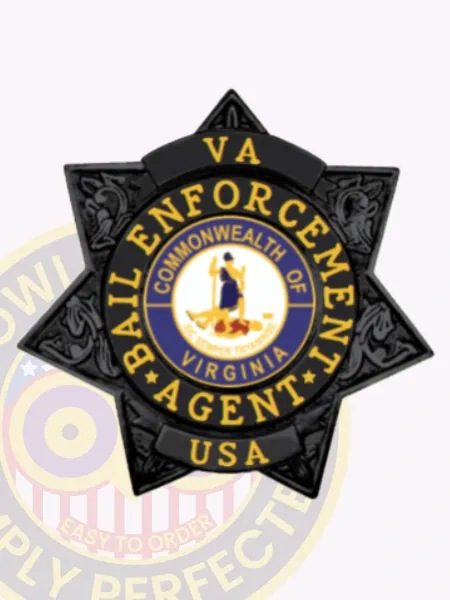 Black six-pointed star metal badge with detailed engravings reading “VA” on top, “BAIL ENFORCEMENT AGENT” encircling the center seal, and “USA” at the bottom, made for bail enforcement agents with safety pin fastening.