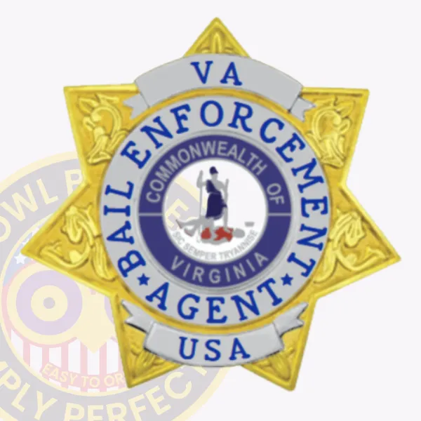 Gold six-pointed star metal badge featuring silver panels and a circle banner that states “VA” on top, “BAIL ENFORCEMENT AGENT” around the star, and “USA” at the bottom, designed for bail enforcement agents with safety pin attachment.