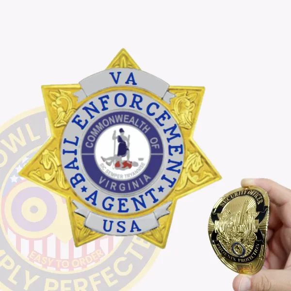 Custom gold 6 pointed star flex badge featuring an ornate gold star with silver panels inscribed with “VA” at the top, “BAIL ENFORCEMENT AGENT” around the center, and “USA” at the bottom, designed for bail enforcement agents with a velcro attachment.