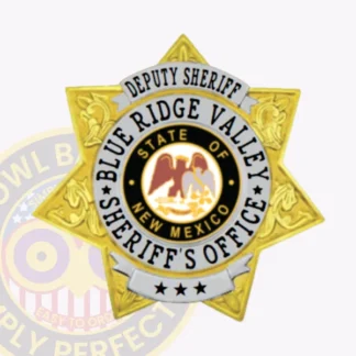 This custom metal badge features a polished gold 7-point star specifically for deputy sheriffs. The badge features silver panels and prominently displays "DEPUTY SHERIFF" along the top and "BLUE RIDGE VALLEY SHERIFF'S OFFICE" beneath it, surrounding a circular emblem of New Mexico. A safety pin attachment provides practical convenience for everyday use.