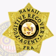 Custom gold 7 point star metal badge with textured embossed accents on all points, displaying a central black and white circle with bold lettering "fugitive recovery agent hawaii" surrounding the official state of hawaii seal, and "fra" on a gold banner at the base, equipped with a safety pin fastener for fugitive recovery agents in hawai'i.