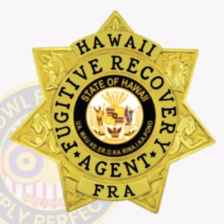 Custom gold 7 point star metal badge with textured embossed accents on all points, displaying a central black and white circle with bold lettering "Fugitive Recovery Agent Hawaii" surrounding the official State of Hawaii seal, and "FRA" on a gold banner at the base, equipped with a safety pin fastener for fugitive recovery agents in Hawai'i.