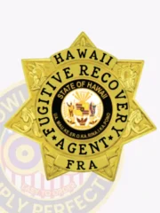 Elegant gold seven-point star metal badge showing embossed ornamental patterns on each point, featuring a black ring in the center stating "Hawaii Fugitive Recovery Agent" around the colorful Hawaii state seal, plus "FRA" on a banner at the bottom, designed with a safety pin attachment for fugitive recovery agents in Hawai'i.