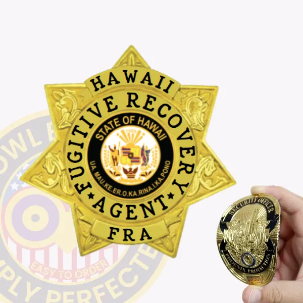 Gold seven-point star flex badge decorated with intricate patterns, showing a black ring containing the words "Fugitive Recovery Agent Hawaii" around the official State of Hawaii emblem, including the abbreviation "FRA" at the bottom, equipped with a velcro back for fugitive recovery agents in Hawai'i.