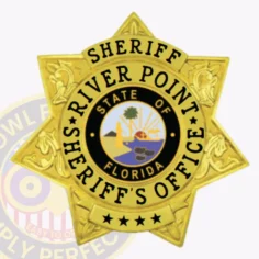 A striking custom 7 point star metal badge for sheriff departments, crafted in a vibrant gold finish. The badge prominently displays "sheriff" at the top, with "river point" and "sheriff's office" encircling a colorful central emblem showcasing the state of florida. It features a safety pin attachment for secure and reliable fastening.