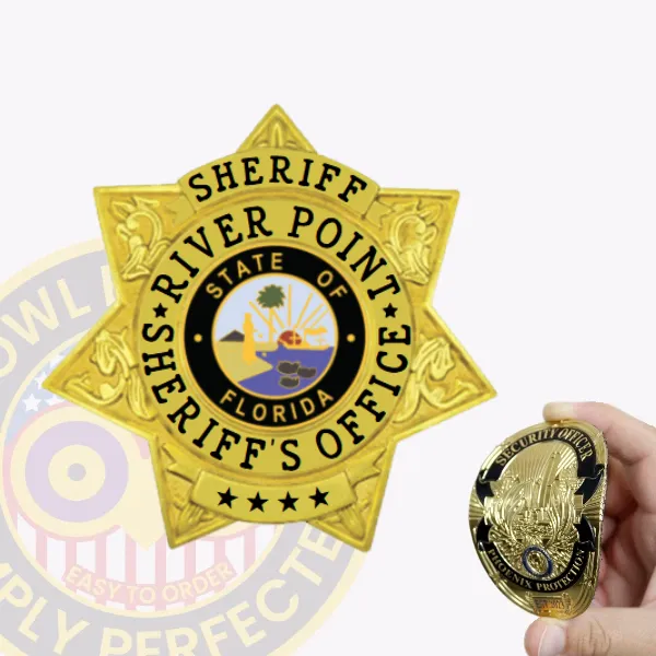 An eye-catching custom 7 point star flex badge for sheriff departments in a brilliant gold hue. The design prominently displays "SHERIFF" at the top, while "RIVER POINT" and "SHERIFF'S OFFICE" frame a colorful central emblem featuring the state's seal. Equipped with a convenient velcro attachment, it allows for effortless wear.