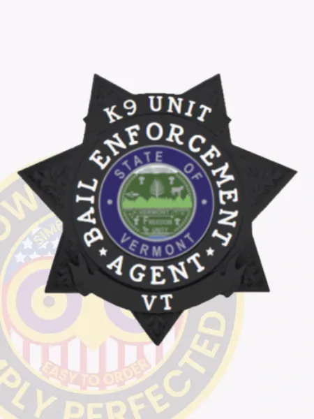 Custom black metal badge shaped as a six-pointed star featuring “K9 UNIT” on top, “BAIL ENFORCEMENT AGENT” surrounding the center, and “VT” at the bottom, made for bail enforcement agents with safety pin attachment.