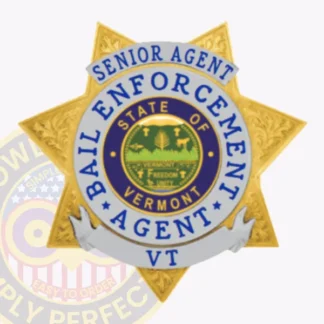 Custom gold 6 pointed star metal badge with detailed silver panels, featuring a banner at the top that reads “SENIOR AGENT” and a circular blue and white ring around the center with the text “BAIL ENFORCEMENT AGENT VT.”