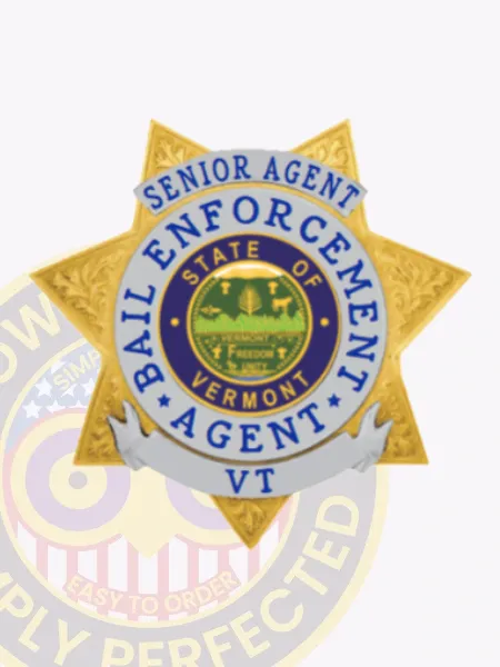 Gold six-pointed star metal badge featuring silver panel details, a top banner with “SENIOR AGENT,” and a circular ring encircling the center that reads “BAIL ENFORCEMENT AGENT VT,” designed for bail enforcement agents with safety pin fastening.