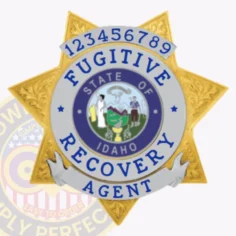 Custom gold 7 point star metal badge with textured embossed accents on all points, displaying silver panels with blue text "fugitive recovery agent idaho" around the official state of idaho seal, and the identification number "123456789" featured on a top banner, finished with a safety pin fastener for fugitive recovery agents in idaho.