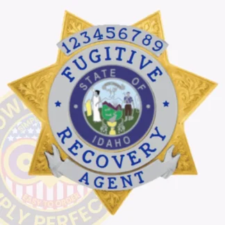 Custom gold 7 point star metal badge with textured embossed accents on all points, displaying silver panels with blue text "Fugitive Recovery Agent Idaho" around the official State of Idaho seal, and the identification number "123456789" featured on a top banner, finished with a safety pin fastener for fugitive recovery agents in Idaho.