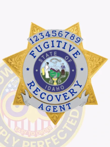 Elegant gold seven-point star metal badge showing embossed ornamental patterns on each point, featuring silver panels with blue lettering "Fugitive Recovery Agent" around the Idaho state seal, and the unique identification number "123456789," designed with a safety pin attachment for fugitive recovery agents in Idaho.