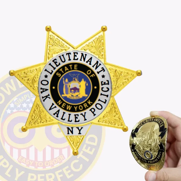 Custom gold 7 point star flex badge designed for Oak Valley police the lieutenant, featuring intricate leaf embossing on every star arm, a central blue and gold New York state seal, and bold black letters around it stating “Lieutenant Oak Valley Police NY,” secured by velcro attachment.