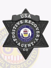Black 6-point star flex badge customized for fugitive recovery agents in Colorado, highlighting white text encircling the colorful state seal, surrounded by embossed decorative elements, and equipped with a safety pin attachment.