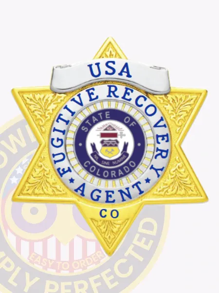 Custom gold 6-point star flex badge with silver panels for fugitive recovery agents in Colorado, featuring blue text "USA FUGITIVE RECOVERY AGENT CO" encircling the colorful Colorado state seal, with detailed gold embossed patterns and a silver banner at the top, secured with a safety pin attachment.
