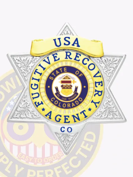 Silver flex badge shaped as a 6-point star with gold accents designed for Colorado fugitive recovery agents, displaying "USA" in blue on the gold top panel and "FUGITIVE RECOVERY AGENT CO" around the state seal, finished with detailed silver engraving and a safety pin fastener.