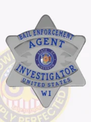 Metal badge shaped as a silver 6 point star with blue embossed text reading “BAIL ENFORCEMENT AGENT INVESTIGATOR UNITED STATES” surrounding the official Wisconsin state seal in the center, made for bail enforcement agents with a safety pin fastener.
