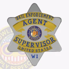 Polished silver six-point star metal badge for bail enforcement agents, highlighted by gold panels and blue lettering “bail enforcement agent supervisor united states” around the detailed wisconsin state seal, finished with a safety pin on the back.