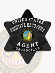 California fugitive recovery agent badge in black metal shaped as a 6-point star, with white lettering "UNITED STATES FUGITIVE RECOVERY AGENT" surrounding the detailed state seal and a series of numbers below, finished with a safety pin attachment.