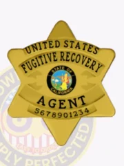Bright gold 6-point star metal badge customized for fugitive recovery agents in California, with black text encircling the colorful state seal and a unique identification number, designed with a safety pin backing for secure wear.