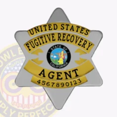 Silver metal 6-point star badge accented with gold panels designed for california fugitive recovery agents, displaying "united states fugitive recovery" on the top gold banner and "agent" with numeric id below, centered by the california state seal, secured with a safety pin.