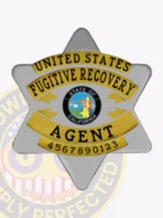 Custom silver 6-point star metal badge with gold panels for fugitive recovery agents in California, featuring black text "UNITED STATES FUGITIVE RECOVERY AGENT" around the colorful California state seal, with an ID number "4567890123" at the bottom and a safety pin attachment.