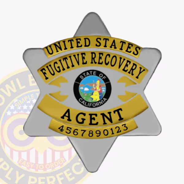 Silver metal 6-point star badge accented with gold panels designed for California fugitive recovery agents, displaying "UNITED STATES FUGITIVE RECOVERY" on the top gold banner and "AGENT" with numeric ID below, centered by the California state seal, secured with a safety pin.